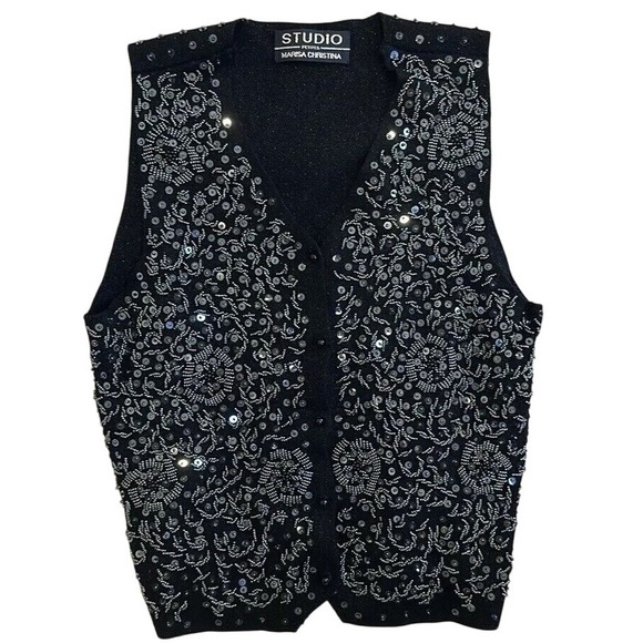 Marisa Christina Jackets & Blazers - Vintage V Neck Sleeveless Sequins Buttoned Vest‎ Wool Blend Old Money Sz M Y2K